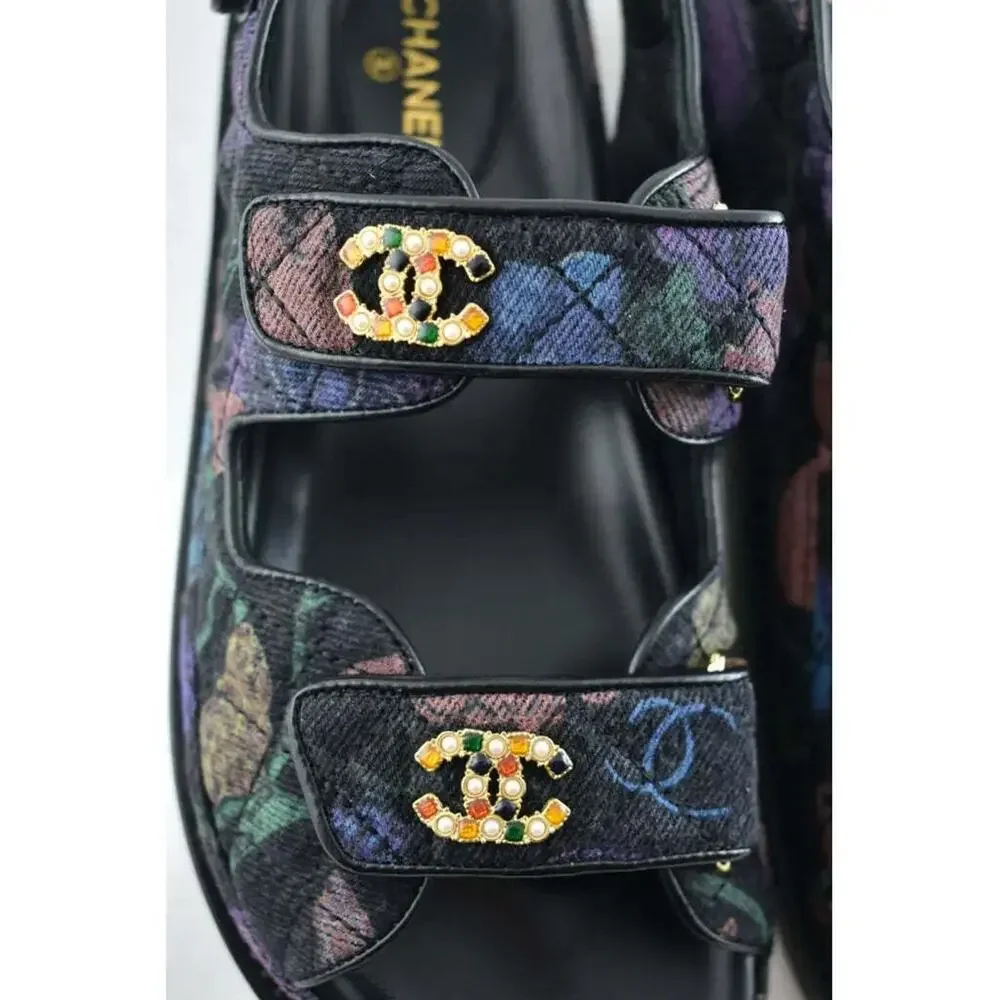 Chanel 21A Black Denim Graffiti CC Logo Mule Slide Strap Flat Teva Dad Sandal 39 - Picture 7 of 11